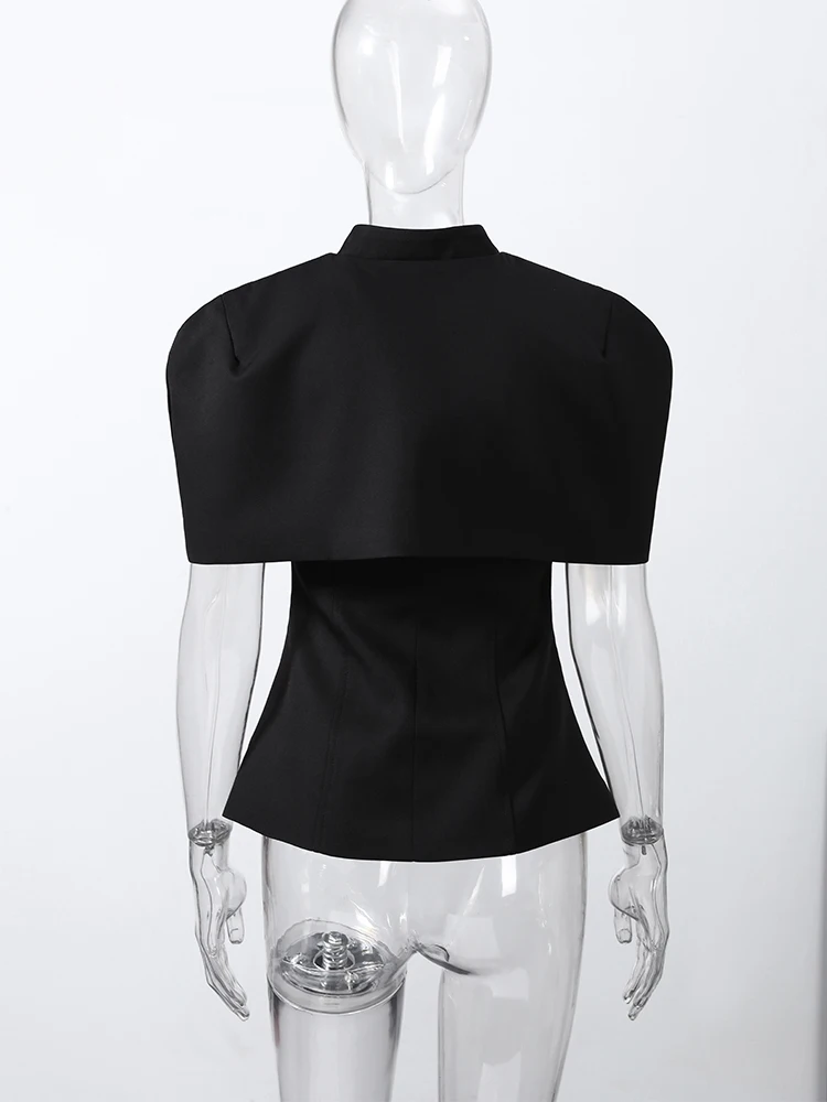 Halbrollkragen-Cape-Tube-Top-Anzüge für Damen, elegantes, kurzärmliges, schulterfreies Oberteil mit Taillenbetonung, schickes Büro-Outfit, Clubwear, Neu – Detail 9