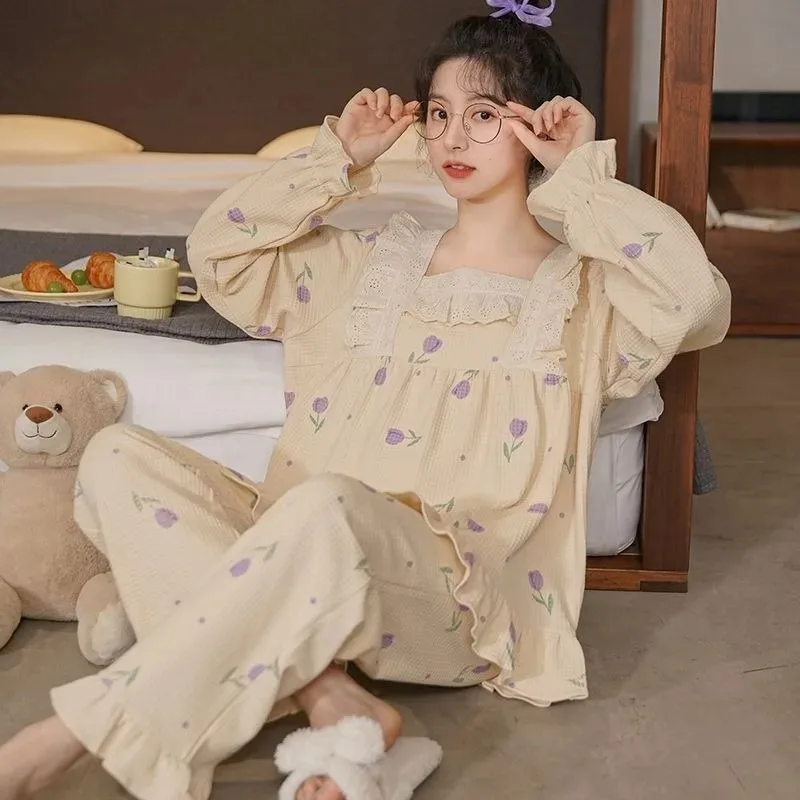 Pure Cotton Long Sleeve Set Princess Wind High Appearance Level Student Home Wear Sleepwear Nightgown Women Spring and Autumn