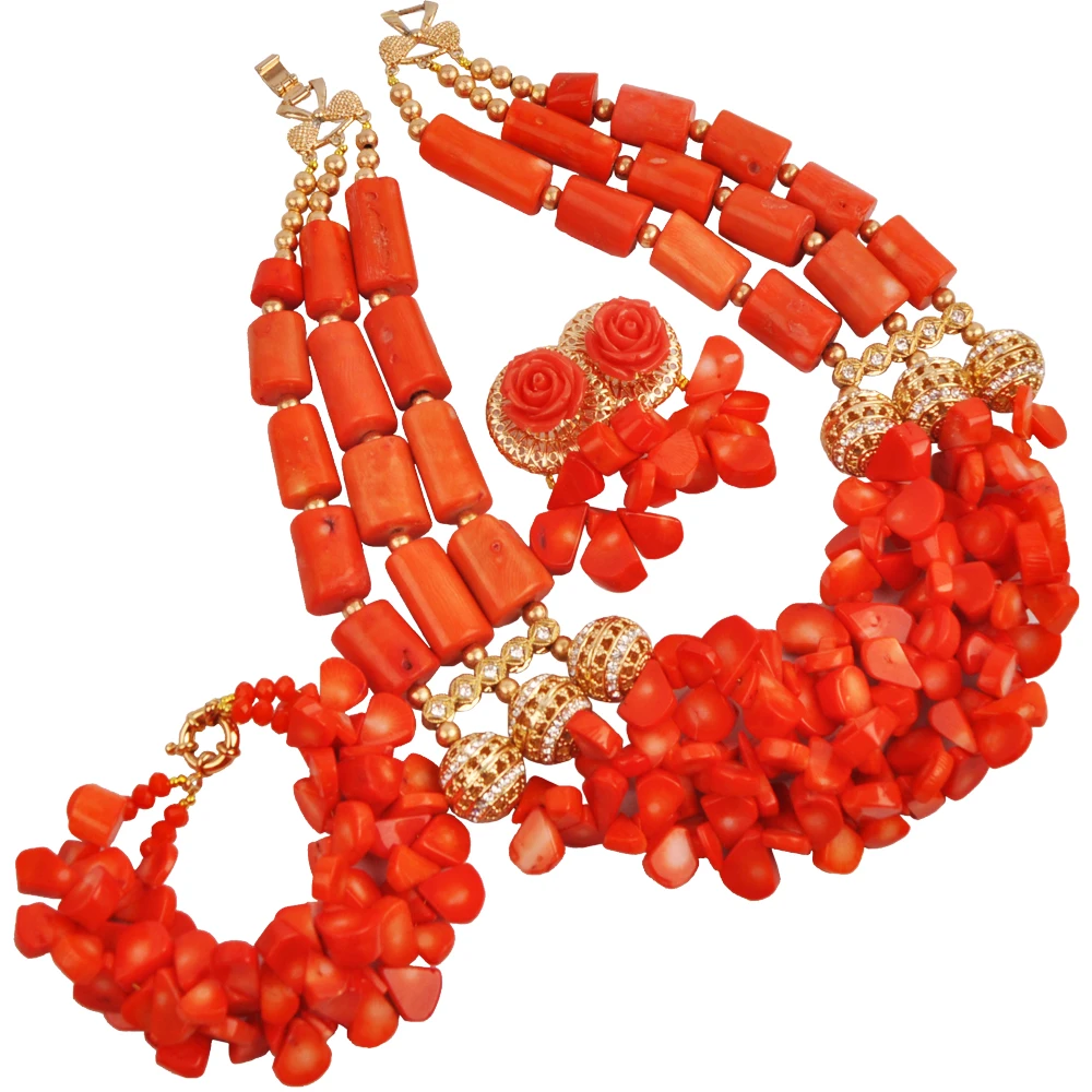 

Orange Nigerian Wedding African Coral Beads Costume Jewelry Sets 22-12-27-G2