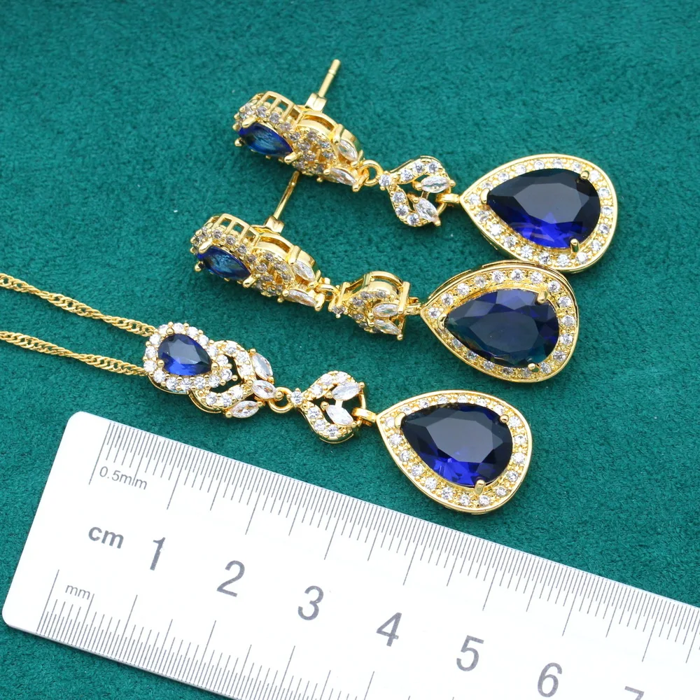 Exquisite Gold Color Jewelry Sets for Women Wedding Blue Zircon Bracelet Long Earrings Necklace Pendant Ring Holiday Gift