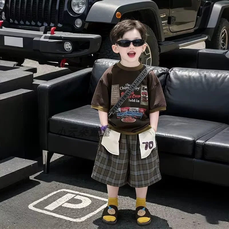 Boys' Summer Set Fashion 2026 New Style Children's Baby Vintage Cartoon Short sleeved T-shirt+Shorts Two-piece Set