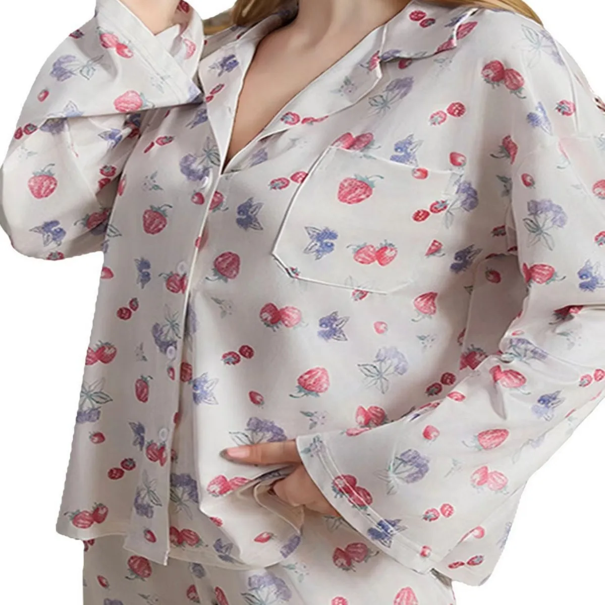 Women\'s Pajama Set, Long Sleeved Button Up Shirt, Flower And Fruit Printed Wide Leg Pants, Pajamas