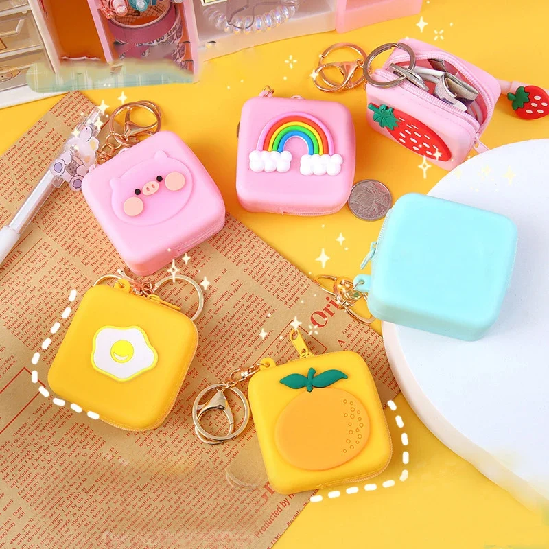 Small fresh fruit girl heart lovely purse  silicone fruit square small coin purse ladies key bag children's gift headphone case