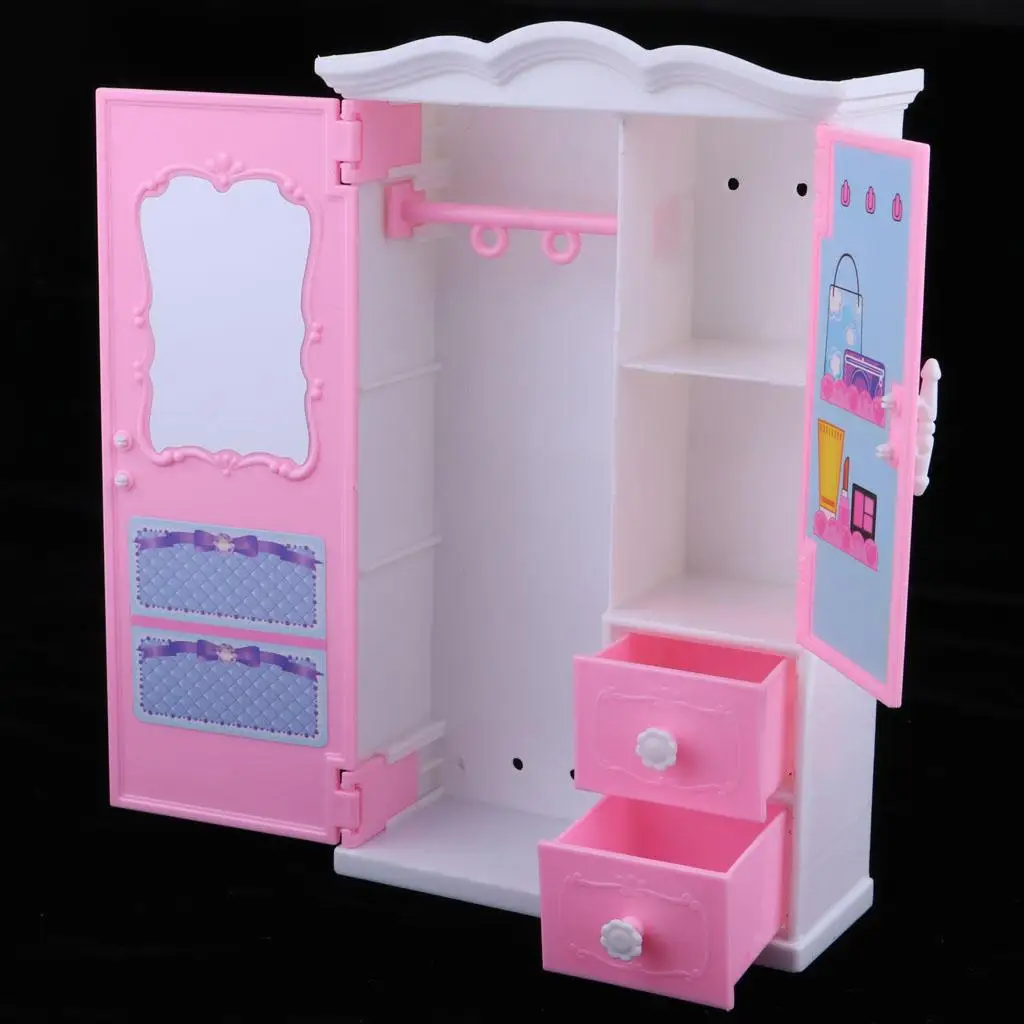 

1/6 Pink Wardrobe with Mirror & Drawers Set for Dollhouse Bedroom Decoration,