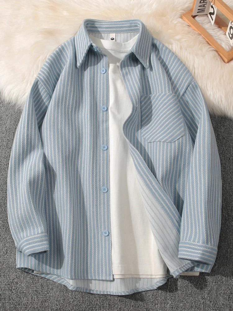 

Blue Striped Men's Long Sve Fce Lined irt Warm Inner Wear Casual Loose Fit Button up Winter Outerwear