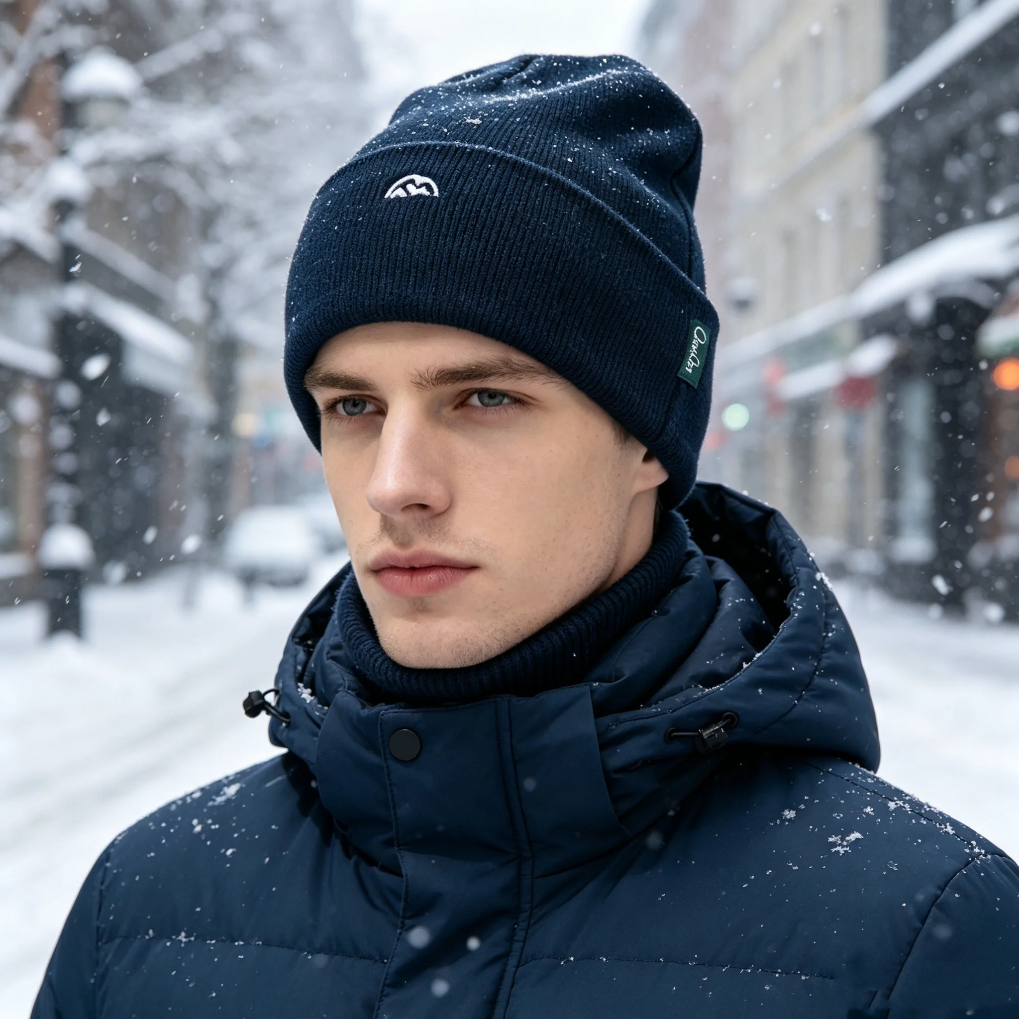 Beanie Cuffed Knit - Herren-Strickmütze mit Bergmotiv-Stickerei, Umlegekappe, Winter-Wollfutter, warme