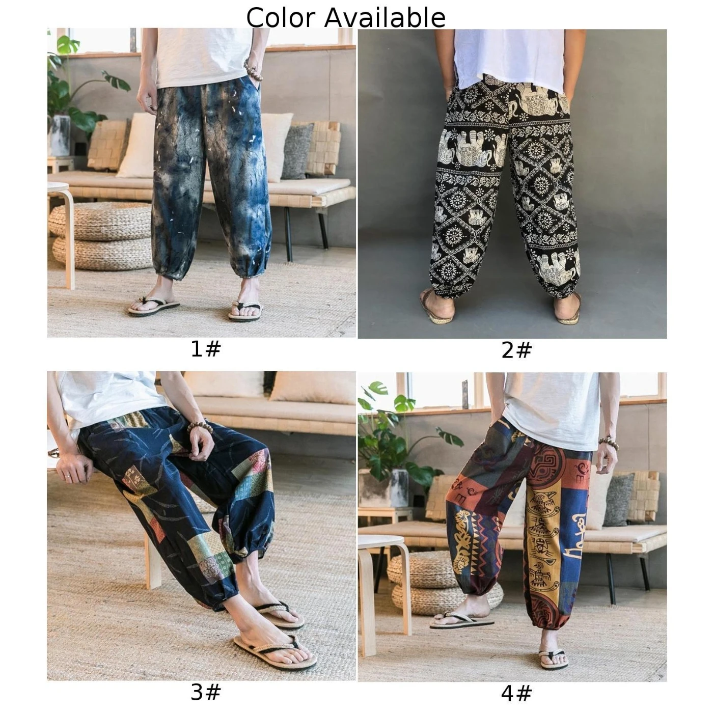 Fashion Men's Summer Beach Cotton Linen Pants Ethnic Printing Loose Fitting Wide-Leg Pants Bloomers Trousers Man Clothing