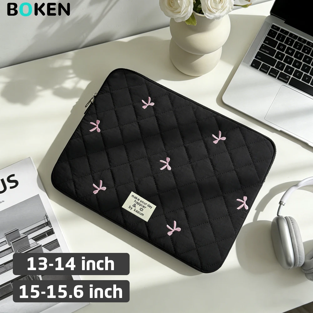 

Pink Bow Quilted Laptop Sleeve for 13 14 15 15.6Inch MacBook Pro/Air HP Dell Women's Fashion Protective Notebook Bag Cover Girls