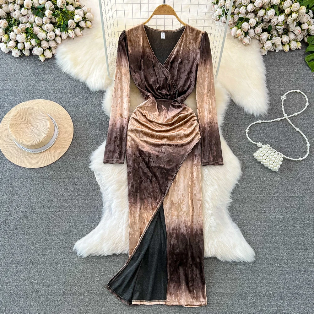 

Foamlina Elegant Women Gradient Color Velvet Dress Autumn Winter Sexy V Neck Long Sleeve Slim Cross Split Party Club Maxi Dress