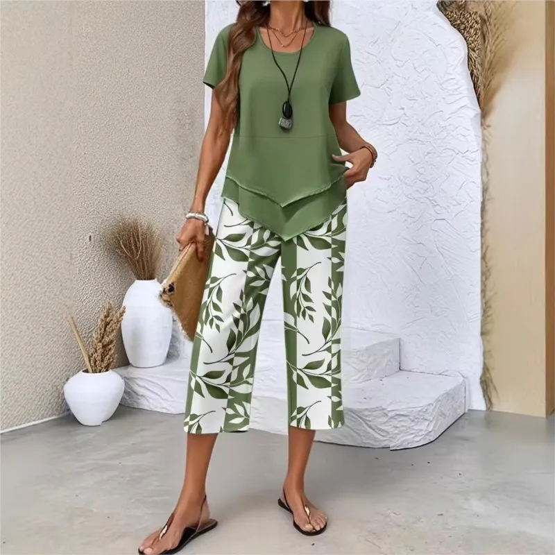 

Lady Summer Casual Cropped Pants Two-piece Set Fashion Solid Color Top+printed Pants Suit Women's Irregular Hem Tops Outfit