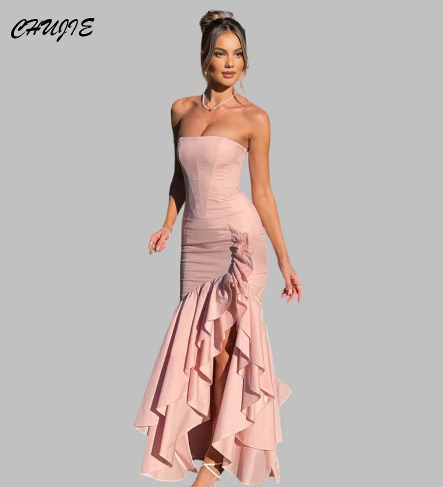 

Strapless Mermaid Prom Dress For Woman With Pleat vestidos de noche High Low Formal Evening Dress 2025 Hot Sale Customized