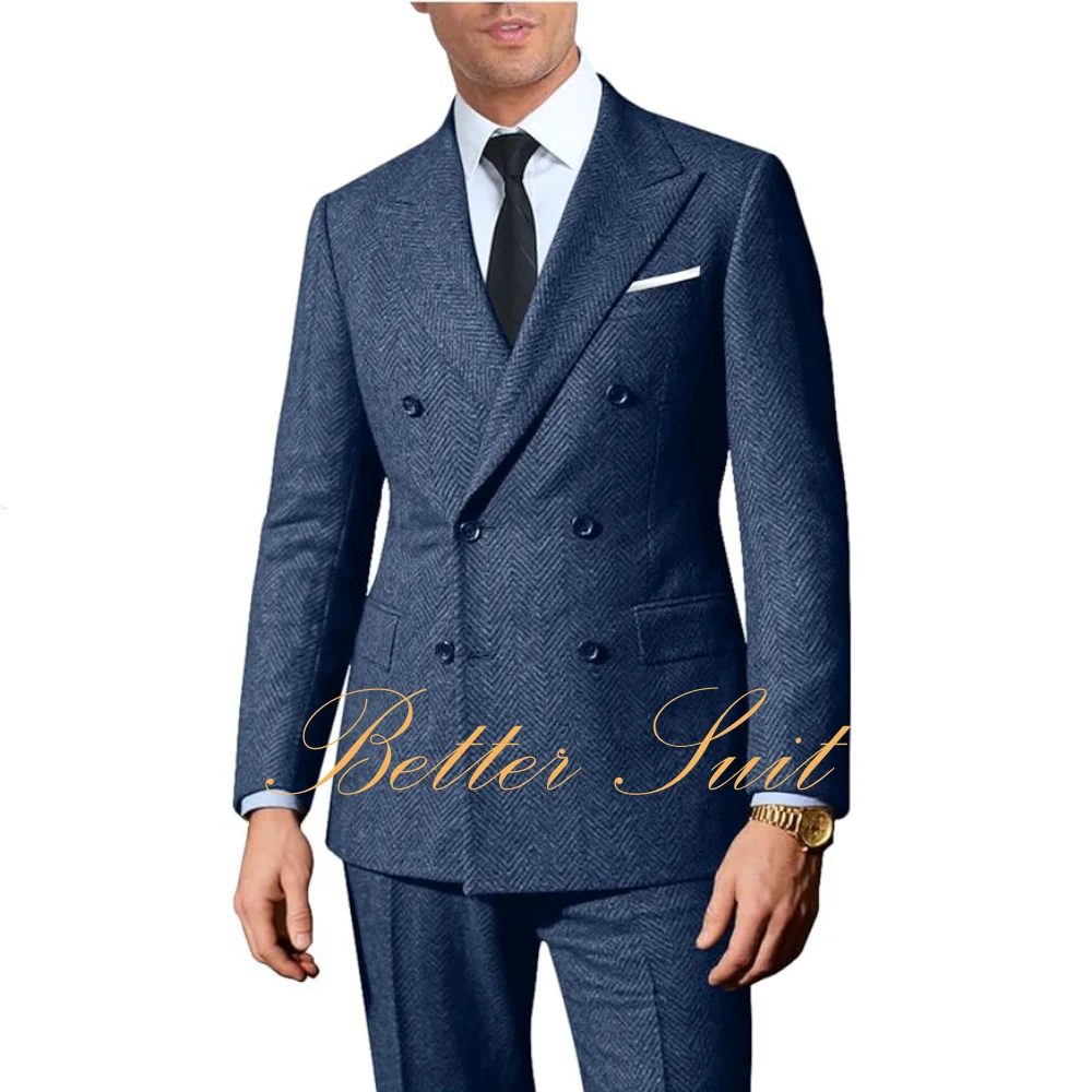 

Retro 2 Pieces Formal Tweed Herringbone Men Suit Slim Fit Double Breasted Jacket Pants Set Men Wedding Tuxedo