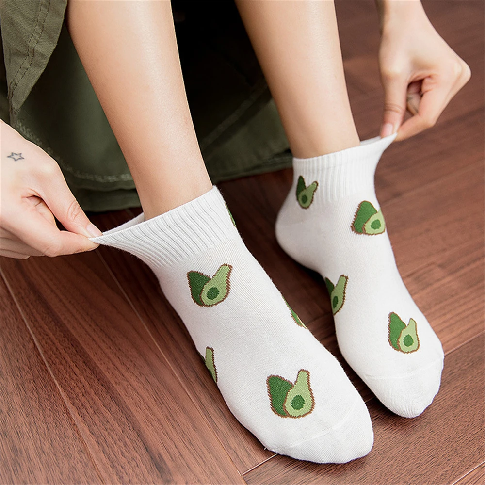 New Fashion Women Cotton Socks Green Avocado Fruit Harajuku Ladies Funny Happy Soft Cute Japanese Casual Girls Short Sokken