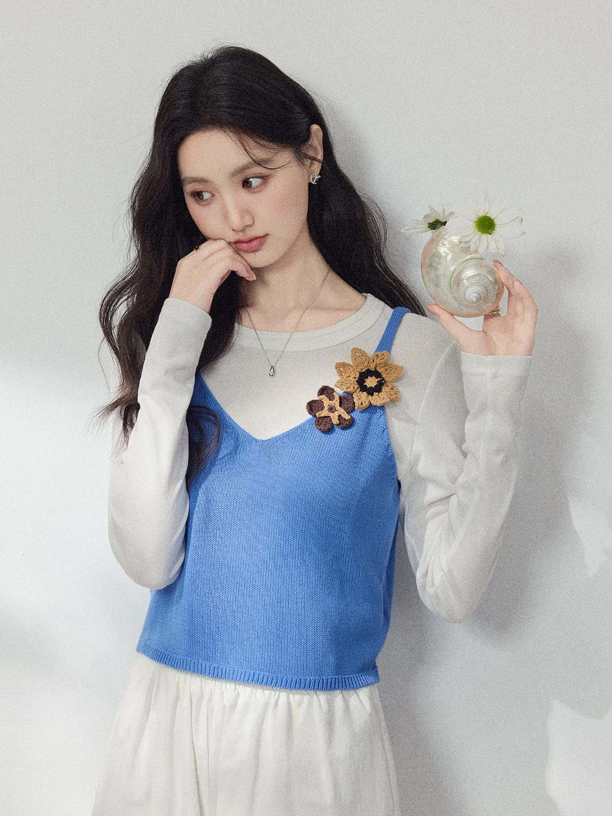 

Blue Mo Two-Piece round Ne Long Sve Commute Top Women's Spring Faion New Sle Zhang Soda T-irt High Waist Design