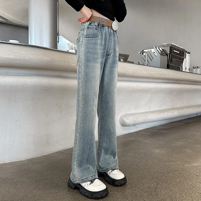 Baby Girl Pants New Big Model 2024 Foreign Style Girl Bell-bottom Jeans Spring Clothing Autumn Micro Cropped Fashion Pants