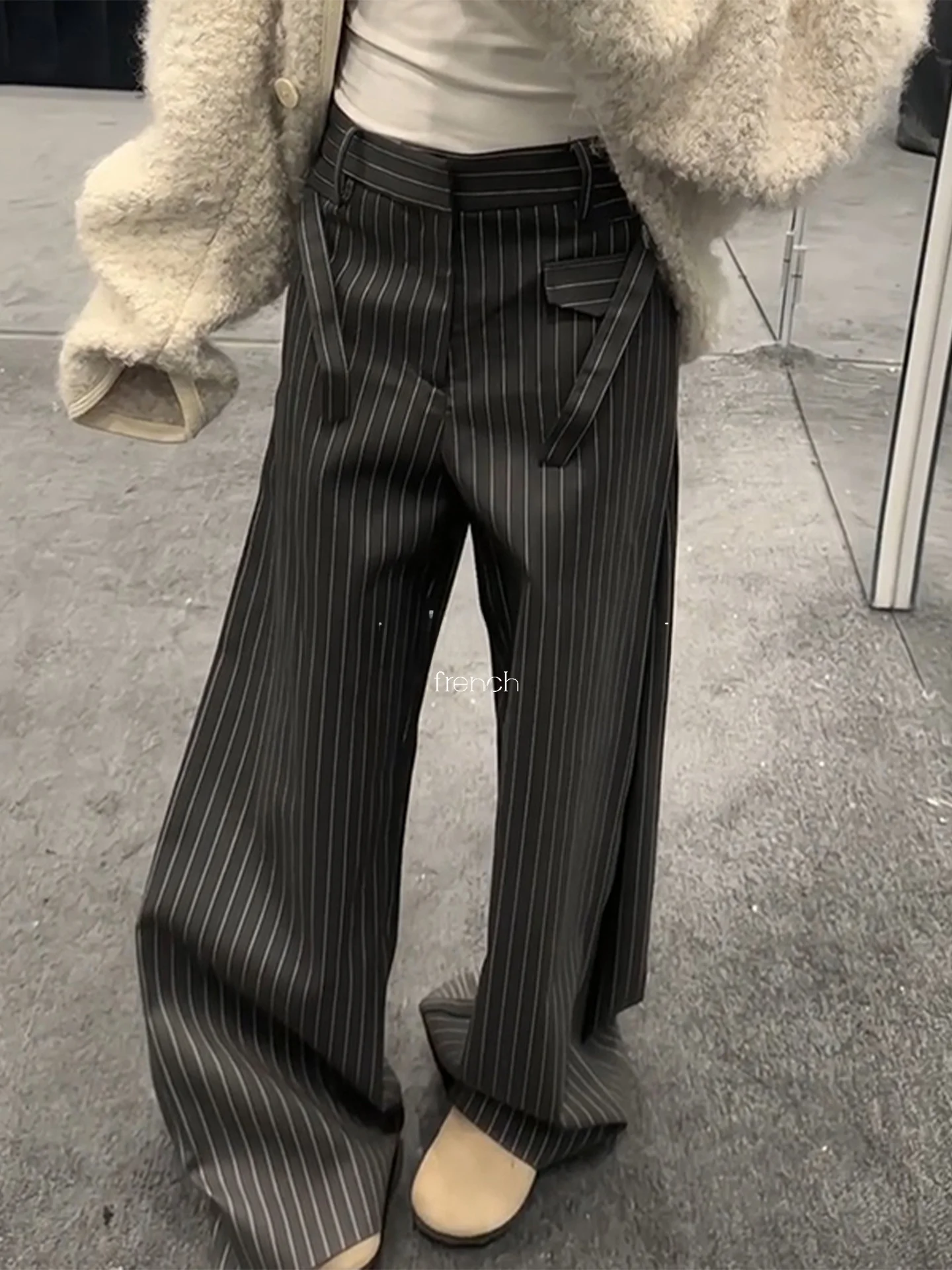 

Rouje Kefss Faion Retro High Waist Striped Wide Leg Pants Autumn Winter Ladies Premium Feel Good Sle Vintage Trousers