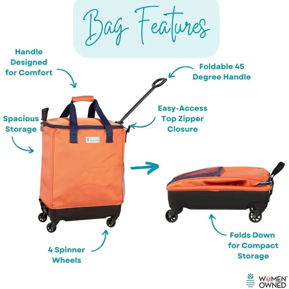 Multipurpose Rolling Tote Bag Portable Spinner Cart Travel or Shopping Orange