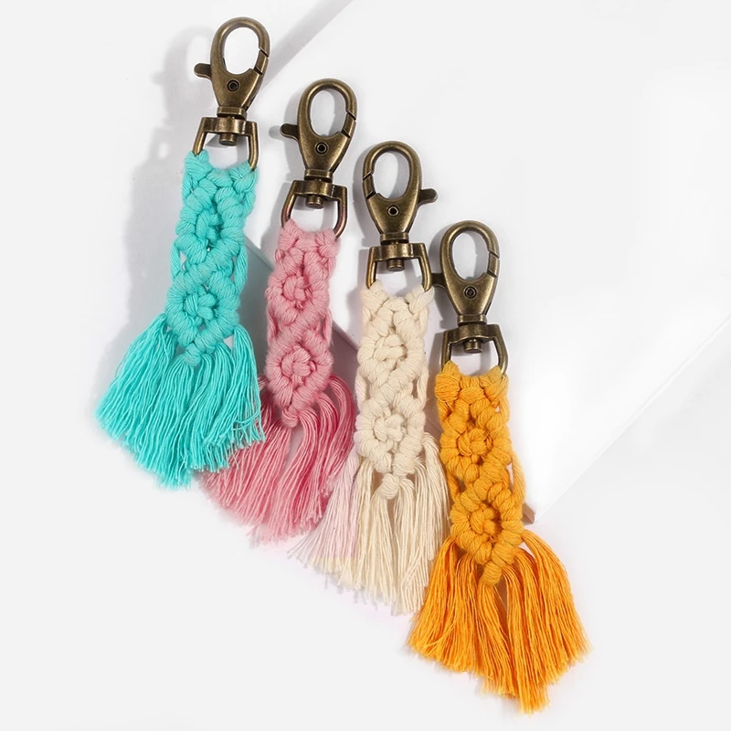 Mini Boho Macramé Chaveiros Kits com borlas, artesanal, chave do carro, bolsa, telefone, carteira, presente de casamento