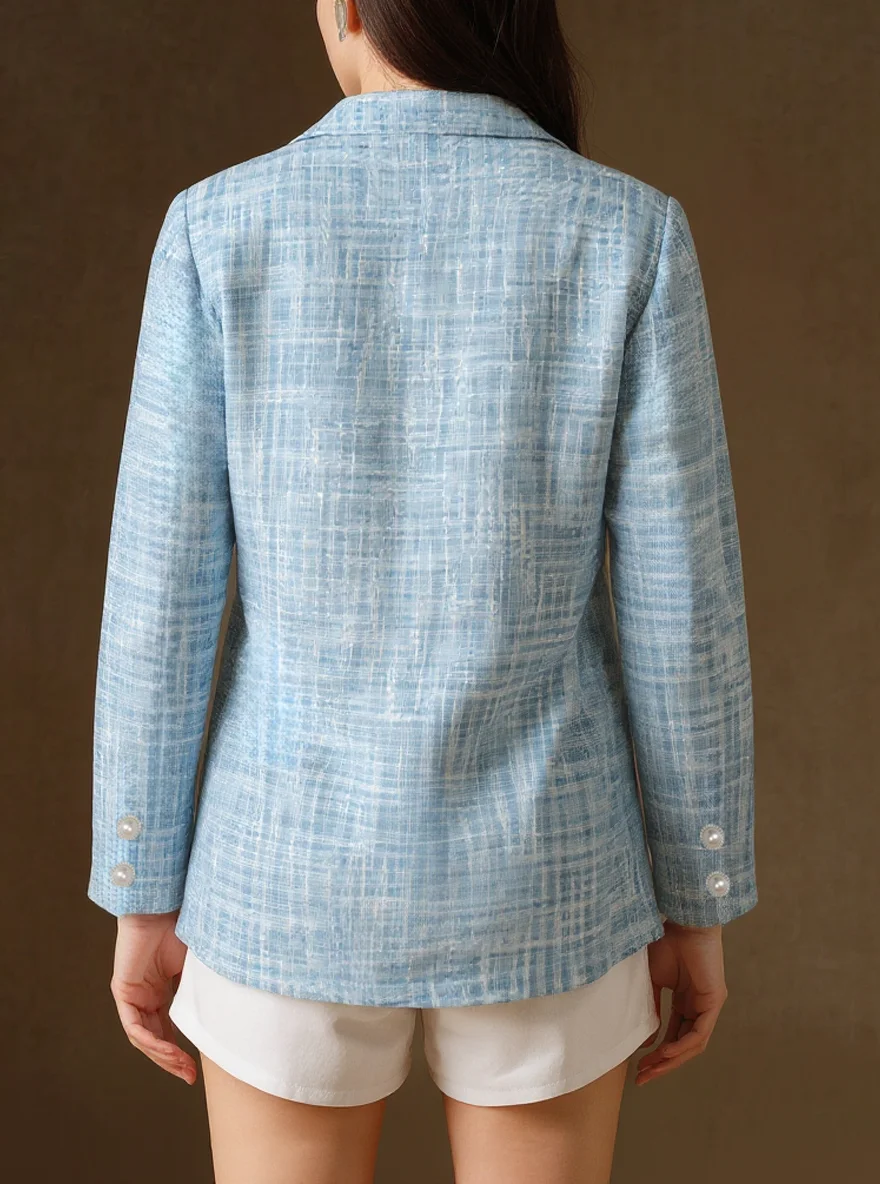 Women Light Blue Tweed Suit Jacket Vintage Pearl Buttons Long Sleeve Elegant Office Blazer Fashion Small Fragrance Outer Coat