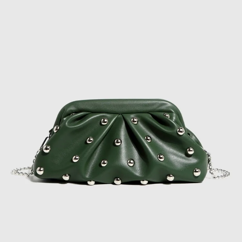 New fashion pleated dumpling bag with rivets, hand-held dumpling bag, chain bag, shoulder bag, crossbody bag