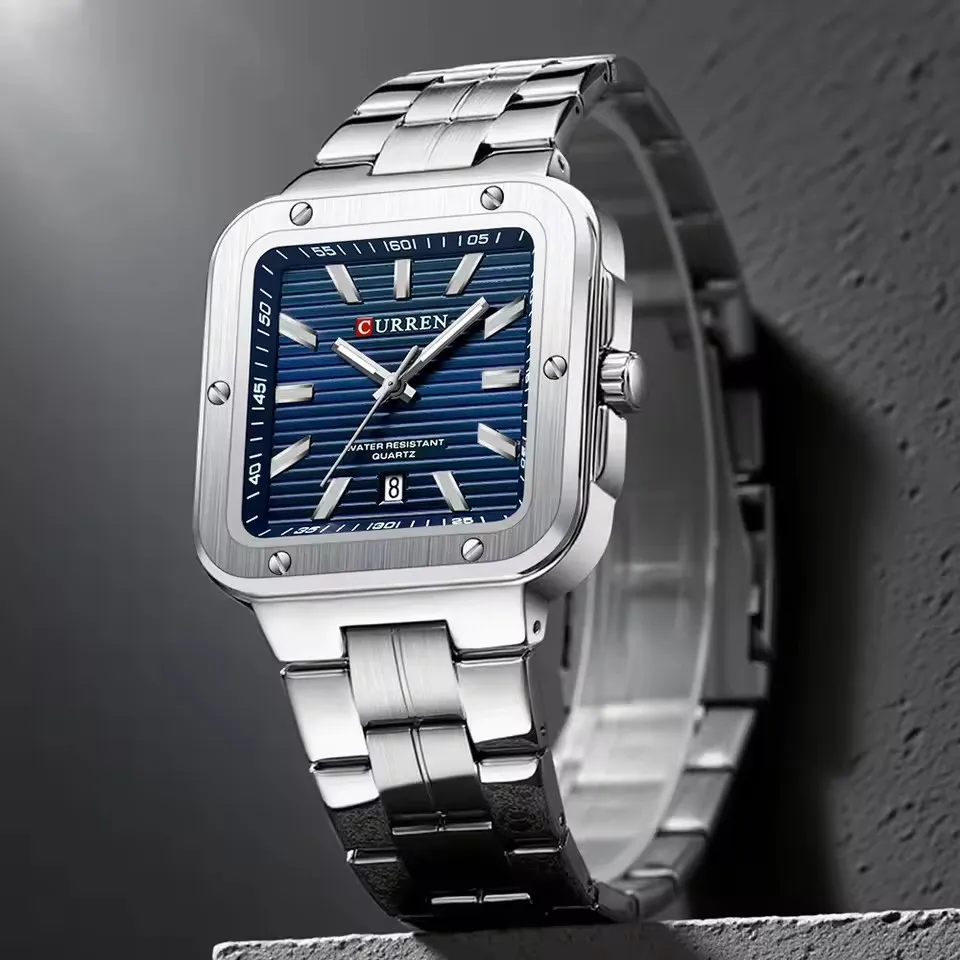 CURREN 8479 Orologio al quarzo da uomo di moda di marca Elegante quadrante quadrato Calendario Cinturino in acciaio impermeabile Orologi casual da lavoro per uomo
