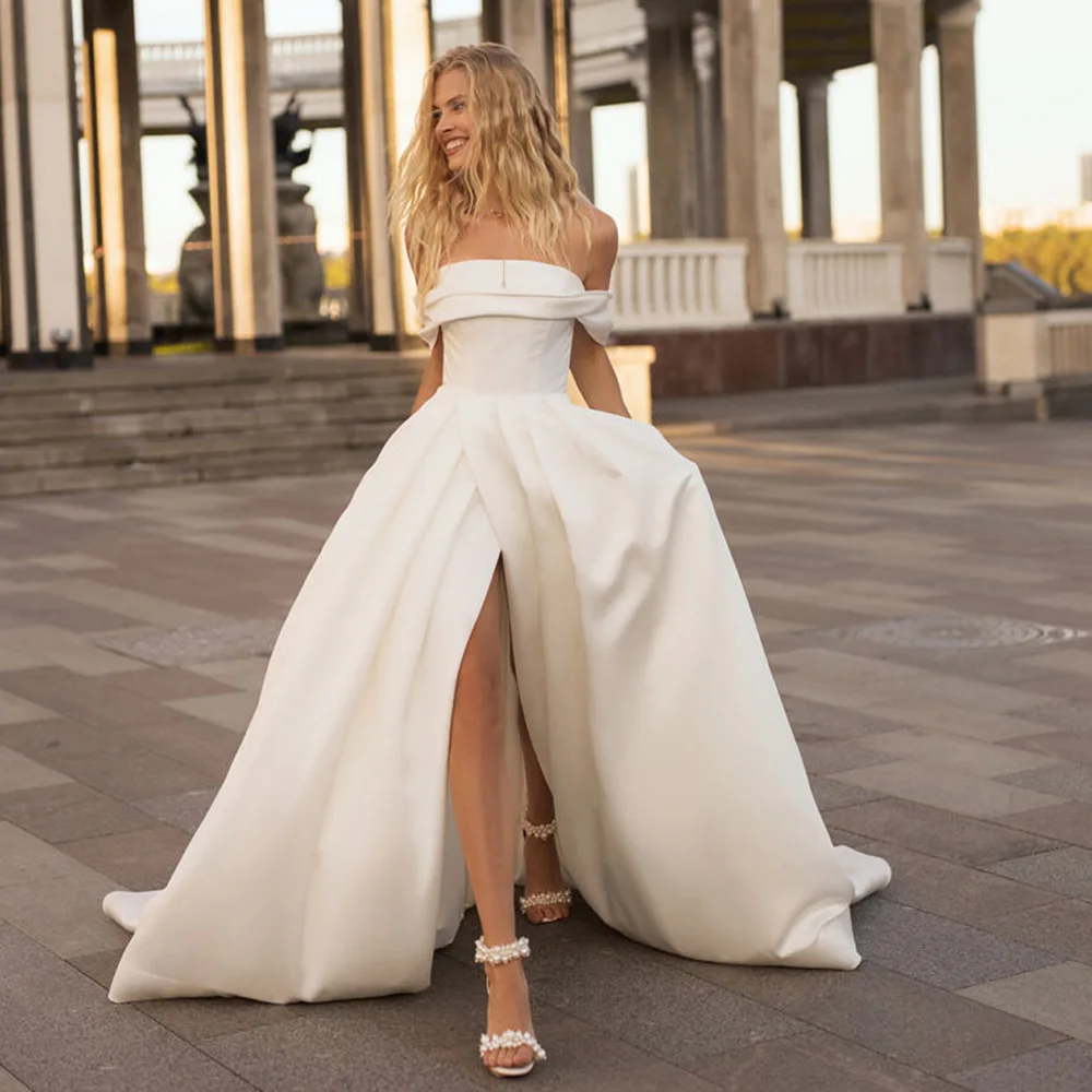 Elegant Wedding Dress Satin Off The Shoulder Side Slit A-Line Floor Length Sweep Train Custom Made To Measures Bridal Gowns