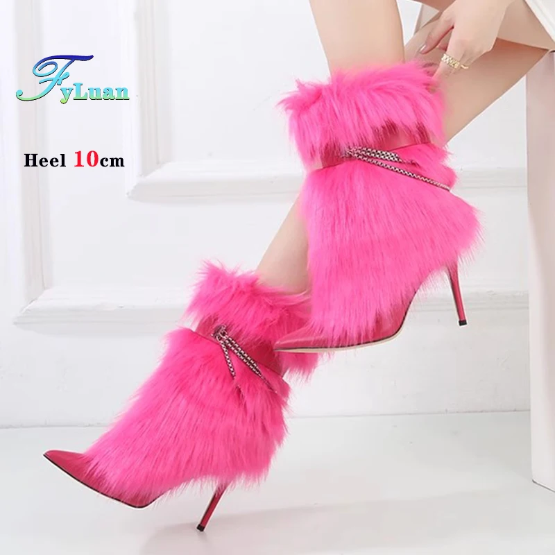 

6cm 8cm 10cm Pointy Toe Ankle Boots Fuchsia Chain Fur Luxury Women Short Boots Thin High Heel Buckle Booties Pink Ladies Shoes