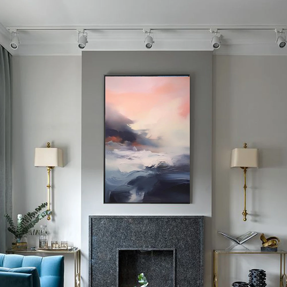 Hand Painted Oil Painting Large Ocean Sunset Painting Modern Abstract Blue Acrylic Painting Pink Sky Art Gray Mountain Painting