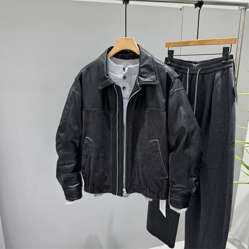 

Retro American Trend PU Leather down Jaet Men's Winter Warm Sli White Du down ort Coat Splicing Proc Polyester F...