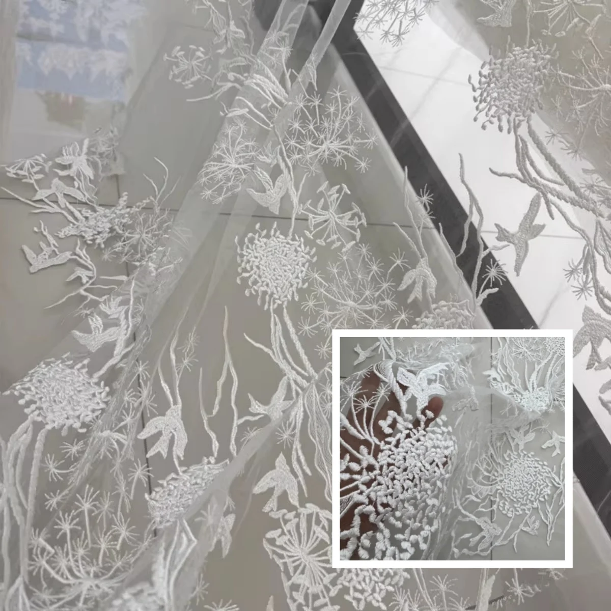 

New Bird Pattern Lace Embroidery Transparent Yarn Fabric DIY Wedding Dress Fashion Dress Lace fabrics for sewing