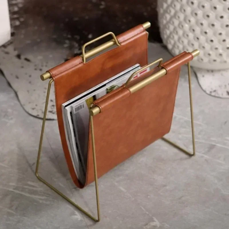 Plated Metal Wire and Faux Leather Magazine Holder Rack Standing For Magazines Books Newspapers Home Staging Show RoomDecoration