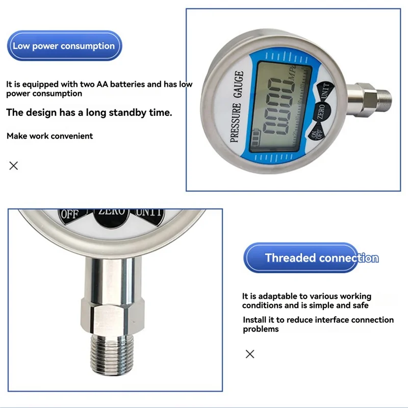 AC23-G1/4 موضوع الغاز المياه النفط الهواء الوقود قياس الضغط 100 مللي متر الطلب 0-60Mpa شعاعي شاشة الكريستال السائل قياس الضغط