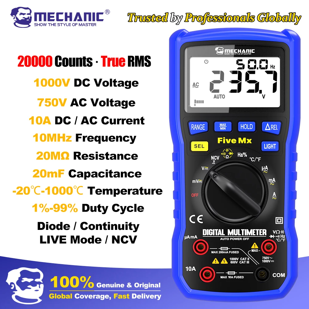 

MECHANIC Профессиональный цифровой мультиметр 1000В 10А 20000 отсчетов True RMS авто-диапазон Измерение Ом Гц емкости Детектор NCV
