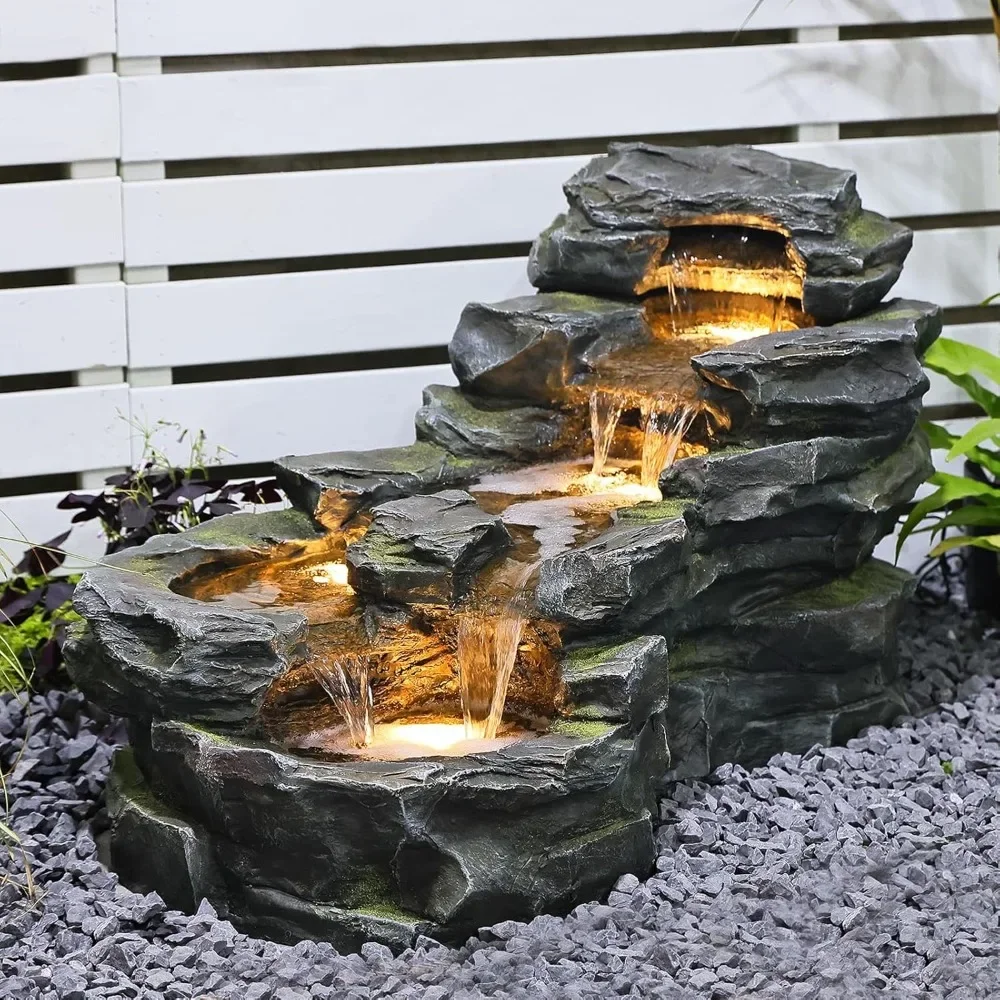 Garden Outdoor Water Fountain, Floor Standing Tiers Rock Natural Waterfall Outdoor Fountains with LED Lights for Garden