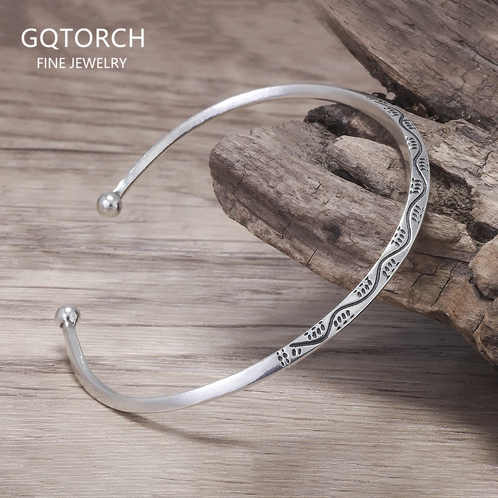 

925 Sterling Silver Wave Thin Open Cuff Bracelet for Women Men Ethnic Style Opening Bangle Retro Jewelry