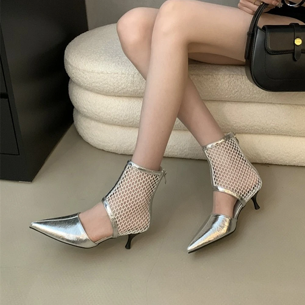 

Womens Mesh Ankle Boots Pointed Toe Kitten Heel Back Zipper Dress Sock Booties Stiletto High Heeled Summer Sandals Shoes