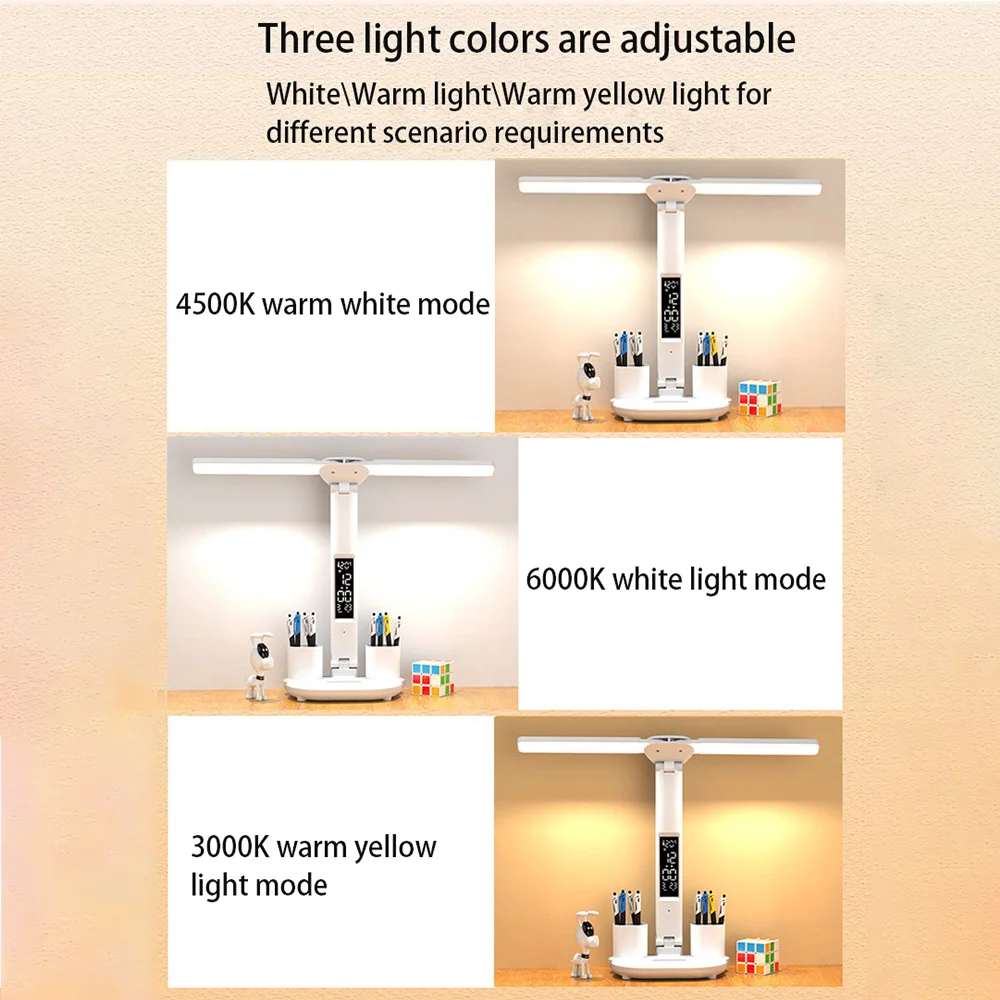 Lampada da tavolo pieghevole a LED con dimmer tattile Lampada da lettura con protezione per gli occhi Lampada da scrivania a doppia testa con data dell'ora Luce notturna con carica USB sul comodino