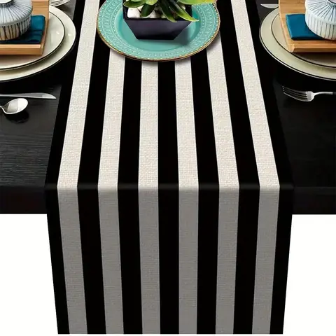 1pcs Modern Simple Black And White Plaid Classic Vintage Table Cloth Geometric Stripe Linen Table Runner, Home Decoration