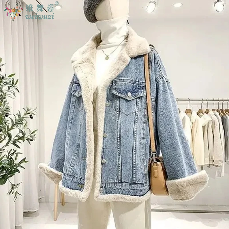 

Осенне-зимняя женская джинсовая куртка на меховой подкладке из чистого хлопка, толстая и двусторонняя, можно носить, джинсовый топ, мотоциклетный костюм