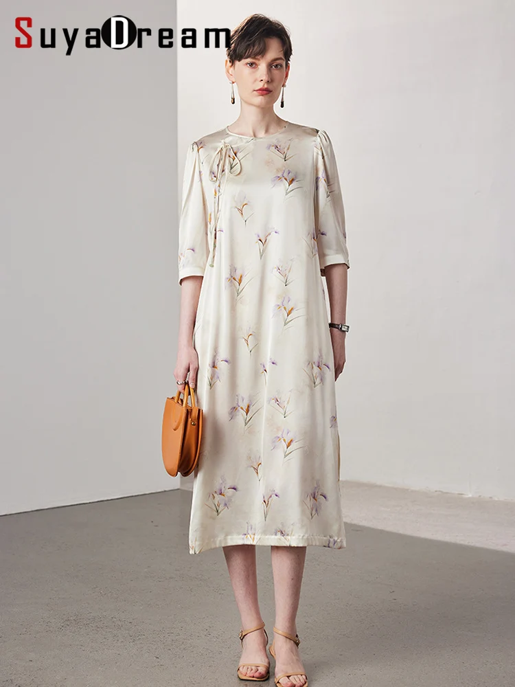 

SuyaDream, Woman Floral Dress, 90%Real Silk, Round Neck, Elegant Long Dresses, Straight, 2025 Spring Summer Cloth