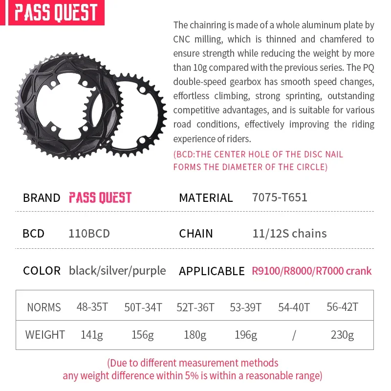 PASS QUEST 110 BCD Chainring 4 Bolt for SHIMANO 105 R7000 ultegra r8000 dura ace r9100 silver road bike double chain ring