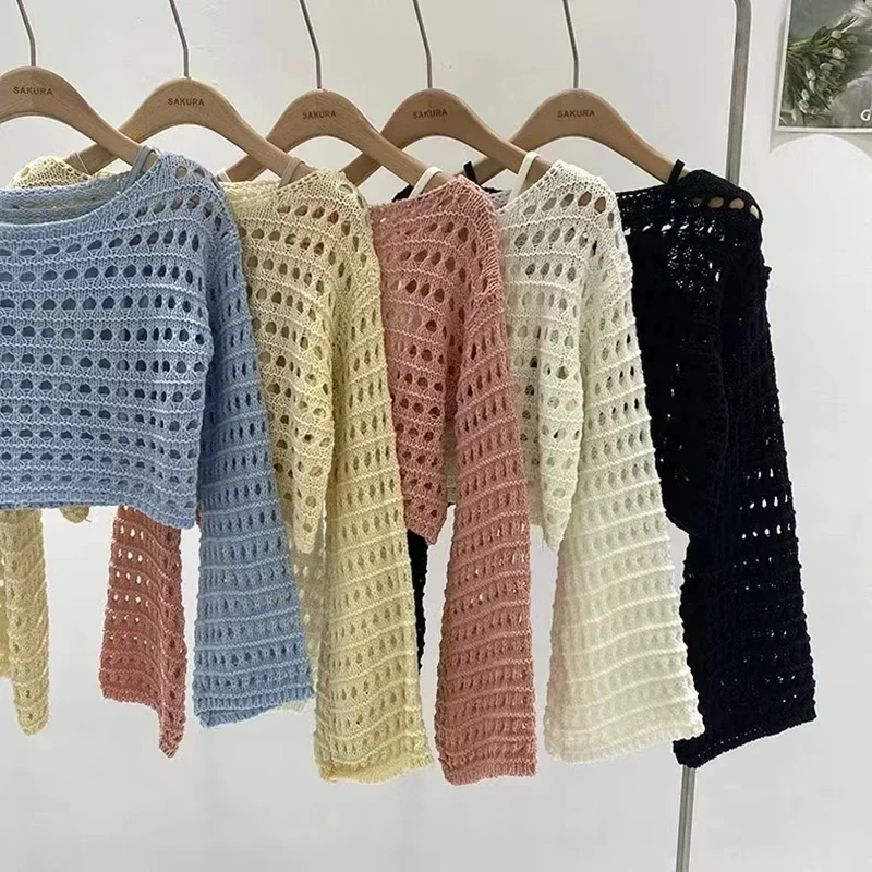 

2024 Y2K Long Sleeve Crochet Knit Top Summer Beach Bikini Cover Up Crop Pullover Wool Knitwear Blouse Women Vacation Boho Outfit