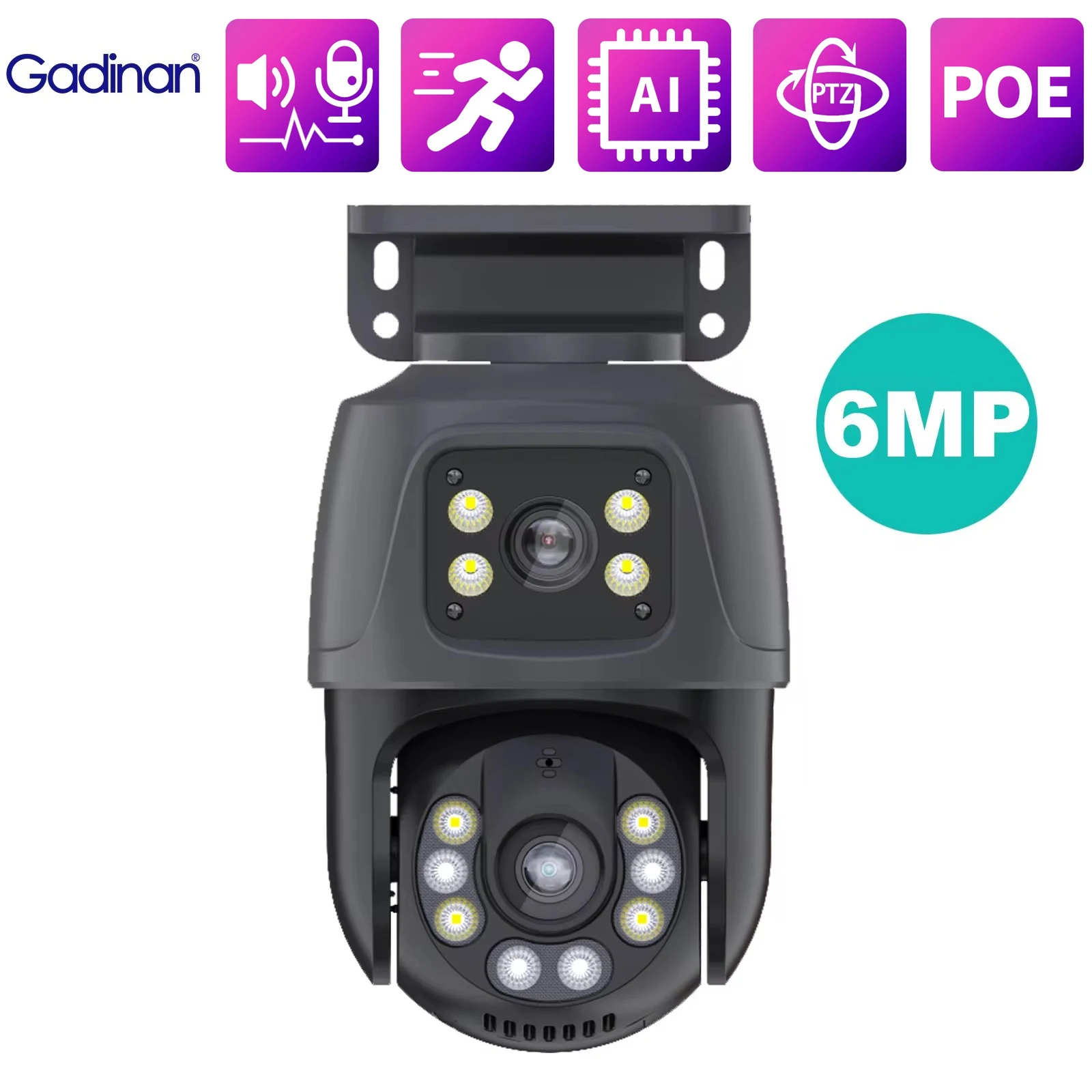 Gadinan PTZ Dual Screens Smart Wired POE IP Camera 6MP Dual Lens Tracking Motion Detection Two-way Audio CCTV Video Surveillance