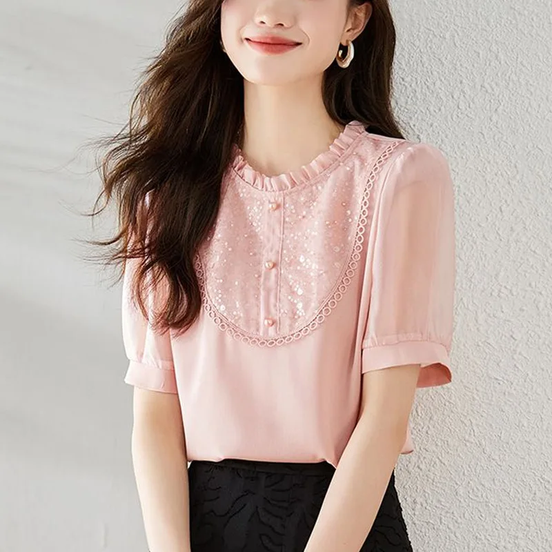 Elegant Solid Color Summer Loose Blouse Women Short Sleeve Fungus Side O-collar Pearl Button Decoration Pullover Shirt 2023