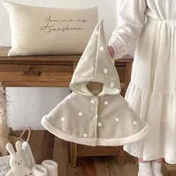 UNIFEMEN Korean Ins Winter Baby Girls Shawls Hooded Velvet Ball Thickened Warm Newborn Girls Cloaks Infant Girls Coat