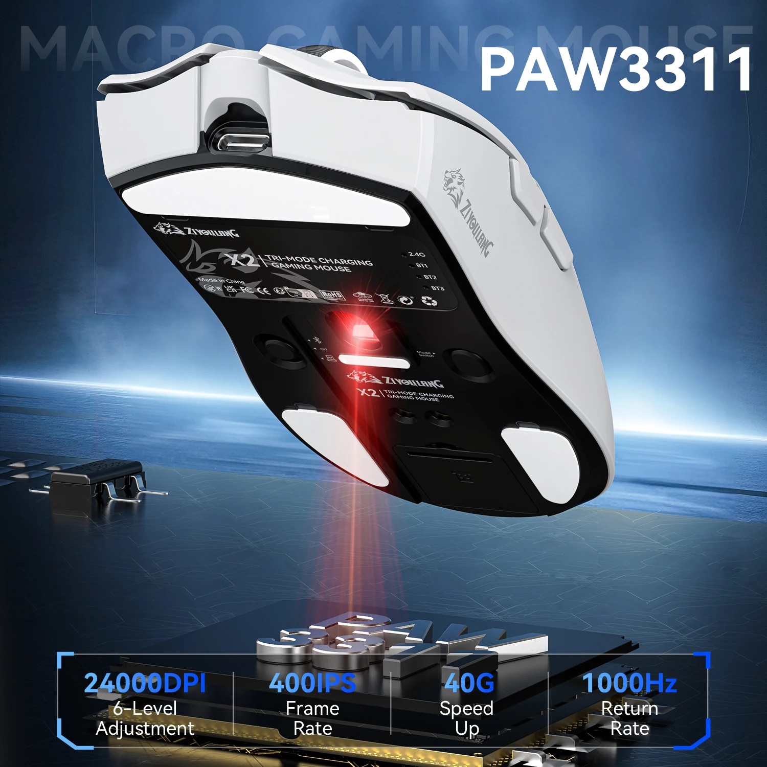 Imagem -02 - Wireless Tri-mode Gaming Mouse24000dpi Paw3311 bt 2.4g Wired Ultra-light Magnetic Charging Dock x2