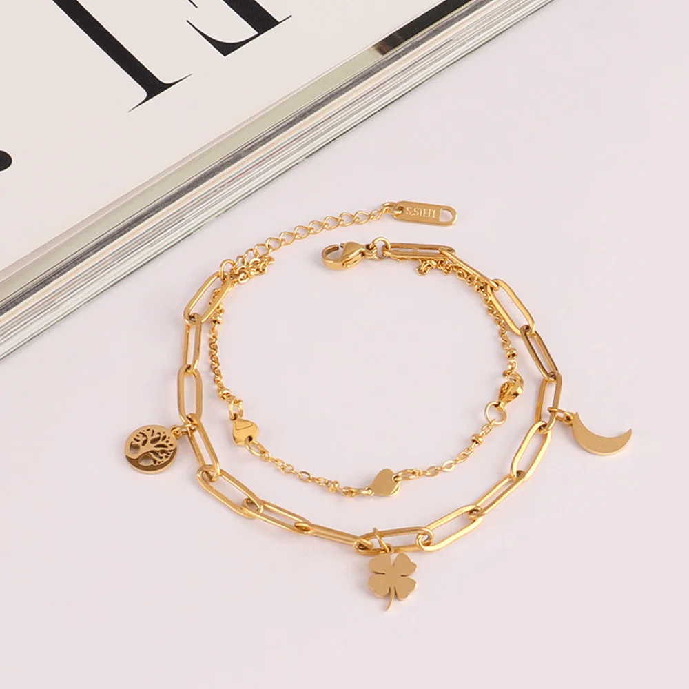 316L Stainless Steel Clover Bracelet For Women Bohemian Moon Double Layer Chain Bracelets Jewelry Gift