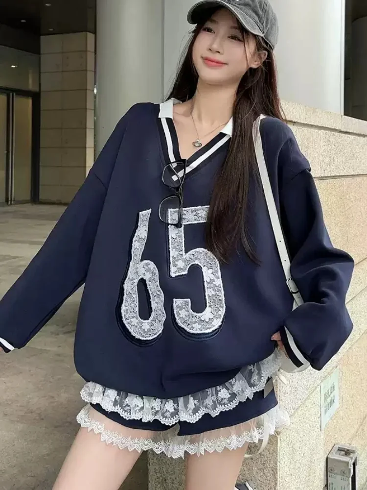 High Quality Korean College Hoodie High Street V-neck Lace Stitching Sweatshirt Loose Oversized Baseball Navy Tops Sweet Women