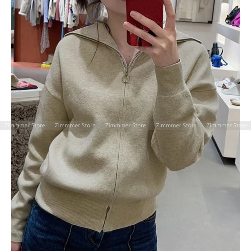 Hooded zip knit cardigan women 2024 autumn new solid colour versatile long-sleeved jumper jacket