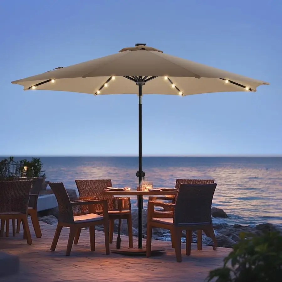

10ft Solar Led Patio Umbrella, Sturdy Outdoor Market Umbrella for Deck, Pool, Garden w Tilt, Crank, 32 LED Lights, Tan